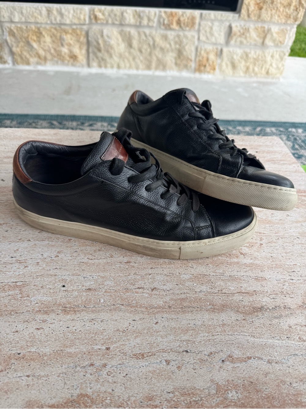 To Boot New York Black Leather Sneakers with Brown Heel Accent